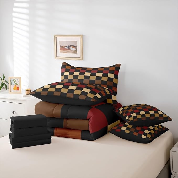 Feelyou Checkered Retro Comforter Set with Sheets 7 Piece King Size Brown Red Black Plaid Bed in a Bag Kids Boys Girls Geometric Vintage Bedding Set Modern Simple Groovy Aesthetic Bedroom Decor Soft