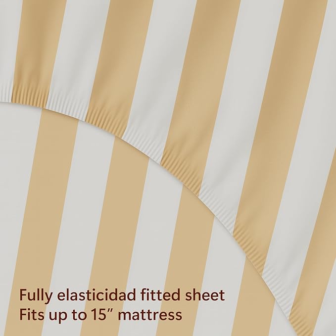 Peru Pima 415 Thread Count Percal King Sheet Set - 100% Peruvian Pima Cotton, 4 Piece (Flat, Fitted, 2 Pillowcases) - Cooling, Crisp, Deep Pocket, Hotel Quality Bedding - Bold Stripe Latte