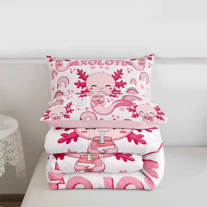 Manfei Cute Axolotl Kids Comforter Set King Size,Stars Rainbow Cartoon Bedding Set,Girls Boys Adults Room Decor,Strawberry Love Heart Romantic Down Comforter,Pink Kawaii Duvet Insert,2 Pillowcases