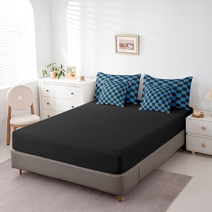 Feelyou Checkered 7 Piece Bedding Set Teen Blue Black Plaid Comforter Set with Sheets Full Size Kids Boys Cute Retro Neutral Checkerboard Geometric Bed in a Bag Vintage Aesthetic Room Decor