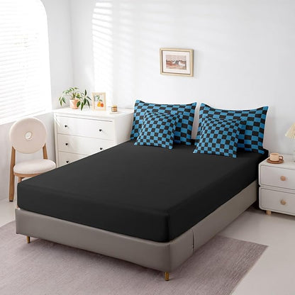 Feelyou Checkered 7 Piece Bedding Set Teen Blue Black Plaid Comforter Set with Sheets King Size Kids Boys Cute Retro Neutral Checkerboard Geometric Bed in a Bag Vintage Aesthetic Room Decor