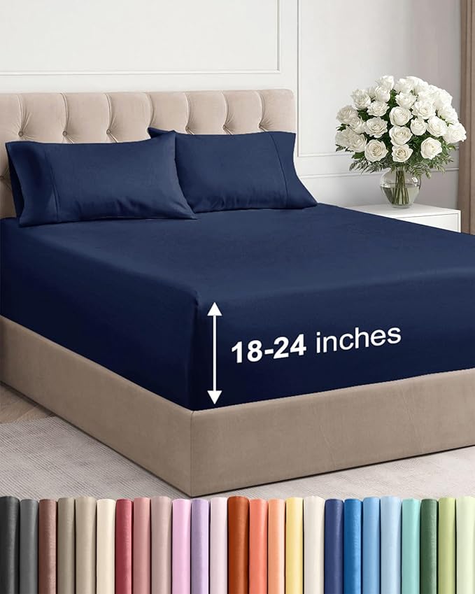 Extra Deep Twin XL Sheet Set - 4 Piece Breathable and Cooling Sheets - Hotel Luxury Bedding for Women, Men, Kids & Teens - Easy & Secure Fit - Soft and Wrinkle Free - Extra Deep Pockets - Navy Blue