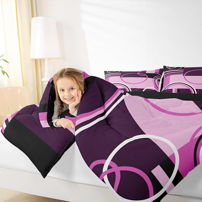Vintage Swirls Bedding Set - Full Purple, Black, Grey Duvet Set with Retro Graphic Patchwork Quilt, Soft Microfiber Down Comforter, 3Pcs