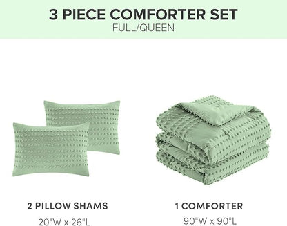 Comfort Spaces Queen Comforter Set Jacquard Pom-Pom Tufts Boho Comforter for Queen Size Bed, Microfiber Reverse, All Season & Lofty Queen Bedding Set & Sham, Phillips, Full/Queen, Sage Green 3 Piece