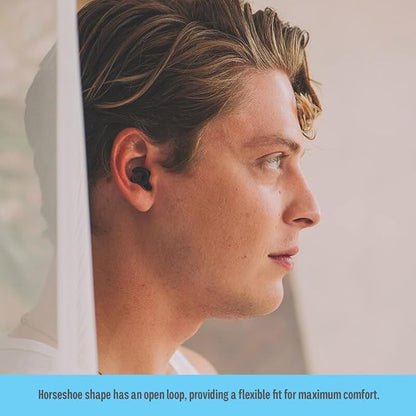 Hush Hoops Ear Plugs, Ultra-Soft Reusable Noise Reducing Earplugs with Horseshoe Shape for Comfort, 4 Tip Sizes for Customizable Fit, 17dB (NRR) Noise Reduction Rating, Black, 1 Pair with Travel Case