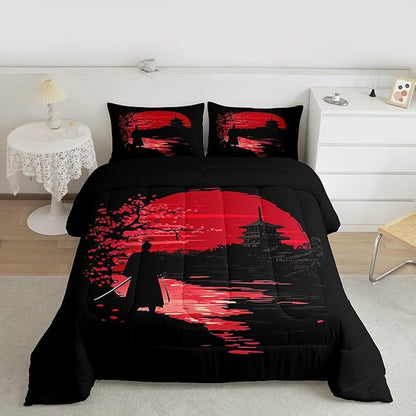 Erosebridal Samurai Comforter Set, Sunset Bedding Set, Japanese Samurai Warm Soft Down Comforter, Scenery Silhouette Bedroom Decor 3Pcs Duvet Set for Men Boys Teens, Full Size