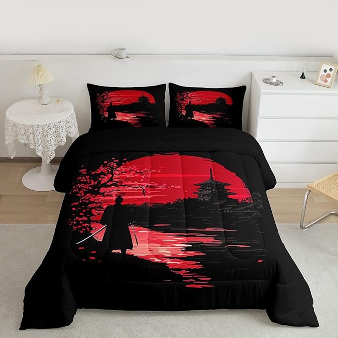 Erosebridal Samurai Comforter Set, Sunset Bedding Set, Japanese Samurai Warm Soft Down Comforter, Scenery Silhouette Bedroom Decor 3Pcs Duvet Set for Men Boys Teens, King Size