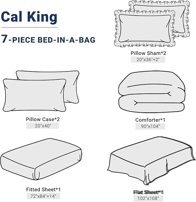 JOLLYVOGUE Purple Cal King Size Comforter Sets 7 Pieces, Pintuck Bed in a Bag Comforter Set for Bedroom, Bedding Comforter Sets with Comforter, Sheets,Ruffled Shams & Pillowcases