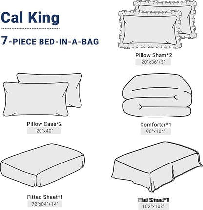 JOLLYVOGUE Navy Blue/Gray Cal King Size Comforter Sets 7 Pieces, Pintuck Bed in a Bag Comforter Set for Bedroom, Bedding Comforter Sets with Comforter, Sheets,Ruffled Shams & Pillowcases