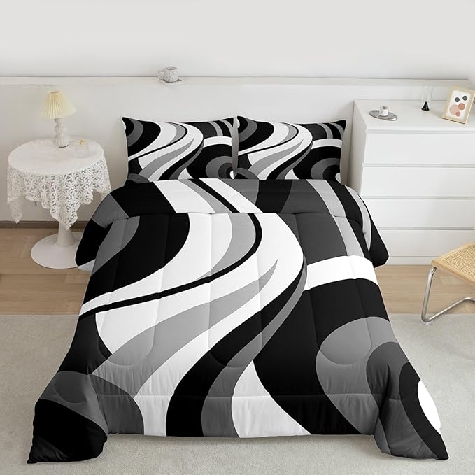 Gray Black White Spiral King Bedding Set for Adult Women Men Modern Swirls Stripes Abstract Comforter Sets for Minimalists Boho Aesthetic Geometric Bed Sets Graffiti Art Lines Quilt Sets