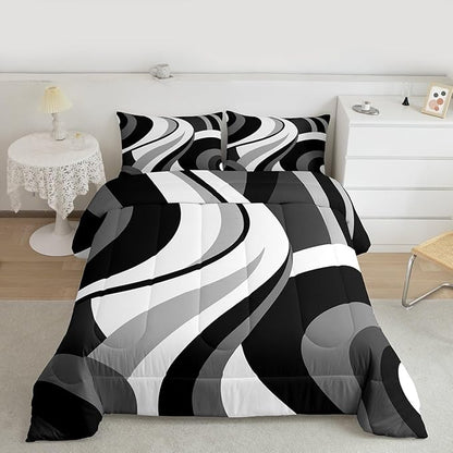Gray Black White Spiral Bedding Full Size for Adult Women Men Modern Swirls Stripes Abstract Comforter for Minimalists Boho Aesthetic Geometric Bed Sets Graffiti Art Lines Quilt Sets