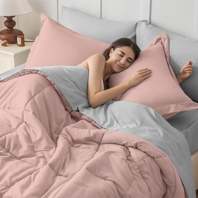 JOLLYVOGUE King Comforter Set, Ultra-Soft Bed in a Bag King Size 7 Pieces, Oeko-TEX Certified Bedding Set with Down Alternative Comforter, Sheets, Pillowcases & Shams, Pink & Light Grey