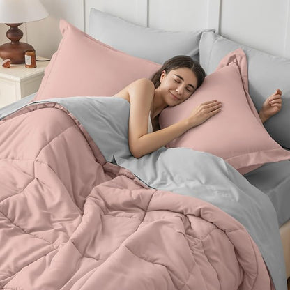 JOLLYVOGUE Queen Comforter Set, Ultra-Soft Bed in a Bag Queen Size 7 Pieces, Oeko-TEX Certified Bedding Set with Down Alternative Comforter, Sheets, Pillowcases & Shams, Pink & Light Grey
