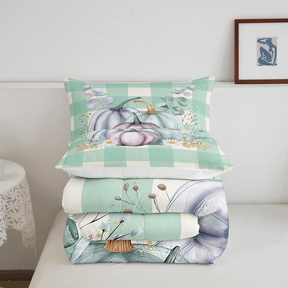 Erosebridal Fall Harvest Pumpkin Bedding Set Rustic Thanksgiving Twin Comforter Set Watercolor Farmhouse Buffalo Plaid Check Bedding Comforter Sets Eucalyptus Leaves Duvet Insert Pastel 1 Pillow Case