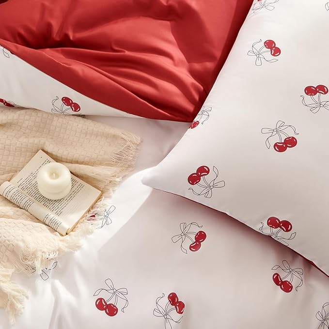 White Twin Comforter Set - Red Cherry Quilt Bedding Set 2 Pieces, Comforter Set Twin Size, Soft & Lightweight Comforter(68‘’ x 90‘’) for Girl All Season & 1 Pillowcase(30‘’x20‘’)