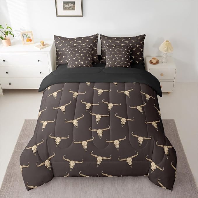 Erosebridal Bull Skull 7 Piece Comforter Set Queen Ethnic Bohemian Bedding for Men Boys | Tribal Steer Skull Wildlife Aztec Bedroom Decor Farmhouse Cabin Lodge Sheet Set with Comforter,Brown