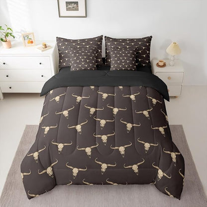 Erosebridal Bull Skull 7 Piece Comforter Set King Ethnic Bohemian Bedding for Men Boys | Tribal Steer Skull Wildlife Aztec Bedroom Decor Farmhouse Cabin Lodge Sheet Set with Comforter,Brown