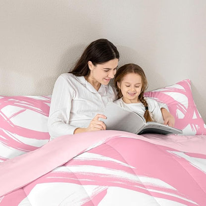 Pink and White Abstarct Comforter Set Twin Size for Kids Boys Girs,Graffiti Stripes Lines Bedding Set,Aesthetic Geometric Duvet Insert for Minimalists,Contemporary Boho Modern Art Quilt