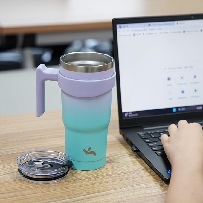 20 oz Tumbler with Handle and 2 Straw 2 Lid, Insulated Water Bottle Stainless Steel Vacuum Cup Reusable Travel Mug, Lavender Green