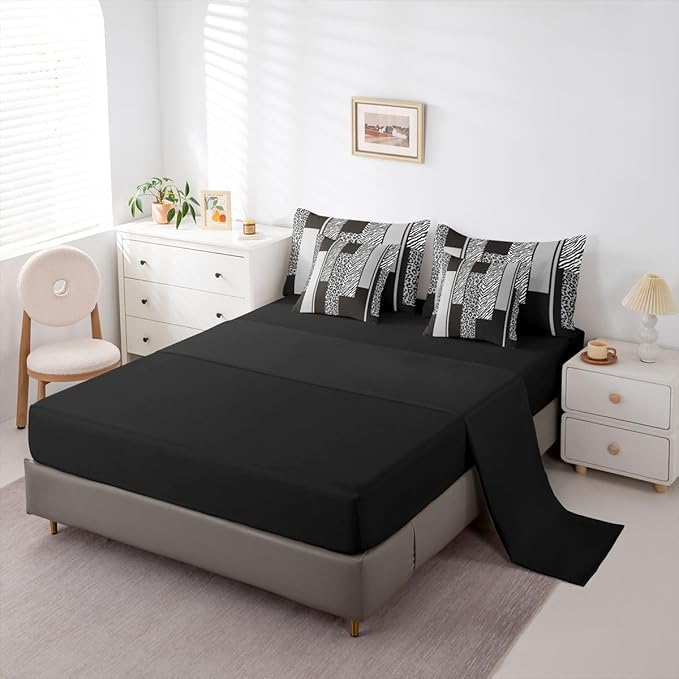 Erosebridal Grey Black Leopard Print Stripes Comforter Set Queen Size 7 Pieces | Zebra Cheetah Fur Pattern Bed in A Bag Wild Animal Skin Bed Set Geometric Adults Men Women Bedding