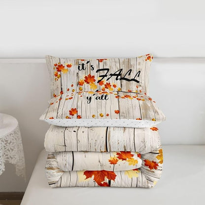 Fall Maple Leaves Bedding Sets King Autumn Nature Botanical Comforter Set Rustic Farmhouse Fall Bedding Comforters For Kids Adults Soft Lightweight Bed Duvet Set Orange Gold Beige 2 Pillow Cases