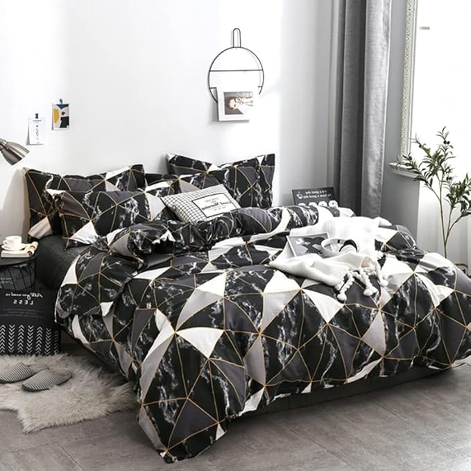 CLOTHKNOW Black White Marble Twin/Twin XL Comforter Set Geometric Triangle Bedding Comforter Sets Black White Comforter with 2 x Pillowcases