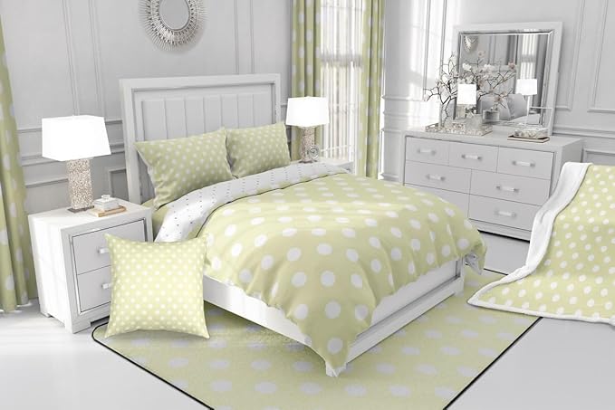 Manfei Polka Dots Comforter Set,Abstract Geometric Circles Simple Art Bedding Set for Teens Young Room,Cartoon French Style Dots Yellow Green White Quilt Set 3 Pcs with 2 Pillowcases,Full