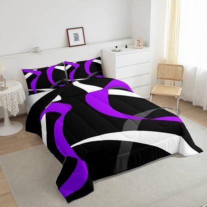 Erosebridal Grey Black Purple Bedding Comforter Sets Gray White Striped Abstract Bedding Set Full for Girls Adults Men Women Geometric Stripes Down Comforter Modern Fashion Quilt Duvet