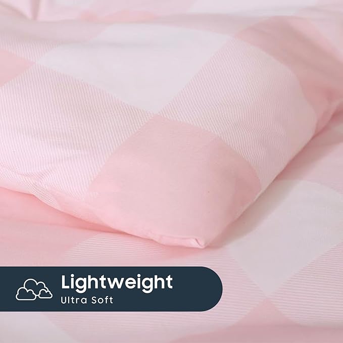 Wake In Cloud - Gingham Comforter Set, Plaid Buffalo Check Checkered Cottagecore Cute Geometric, Soft Lightweight Bedding, 3 Pieces, Pink, Twin/Twin XL Size
