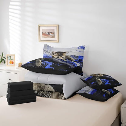 Erosebridal Marble Kids Bedding Set Cartoon Cat Cute Marbling Comforter Sets with Sheets for Boys Girls Kids Modern Blue Liquid Quicksand Bed Set Watercolor Artwork Bed in A Bag Full