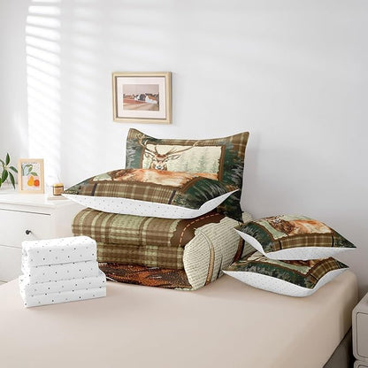 Erosebridal Elk Deer 7 Piece Comforter Set Full Bed in a Bag,Woodland Animals Bedding Sets Camouflage Sheet Set with Comforter