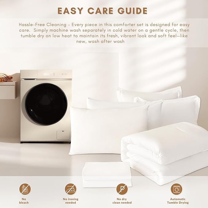 Queen Comforter Duvet Cover Set White- 7-Piece Bed in a Bag, Double Brushed Micorfiber All-Season Soft Bedding with Sheets & Envelope Pillowcases (88"x88",Queen)