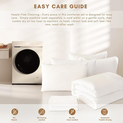 Queen Comforter Duvet Cover Set White- 7-Piece Bed in a Bag, Double Brushed Micorfiber All-Season Soft Bedding with Sheets & Envelope Pillowcases (88"x88",Queen)
