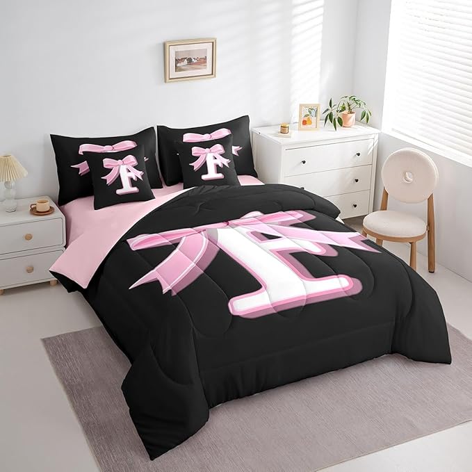jejeloiu Kids Girls Black Pink Bow Comforter Set with Sheets Queen Size Monogrammed 7 Piece Bedding Set Personalized Initial F Bed in a Bag with Comforter,Sheets,Pillowcases Modern Fashion Bed Set