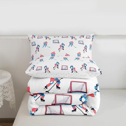 Manfei Hockey Players Girls Bedding Set Twin Size, Comforter Set,Winter Sports Games Quilt Comforter Girls Boys Teens,White Blue Room Decor All Season,1 Pillowcase