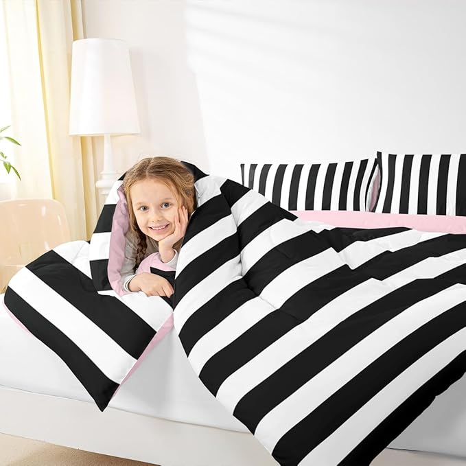 Erosebridal Black and White Striped Full Comforter Set (Pink Reversible) | Striped Bedding Set Pink and Black Comforter Sets for Kids Teens Adults Cute Pinstripe Girls Bed Quilt Sets