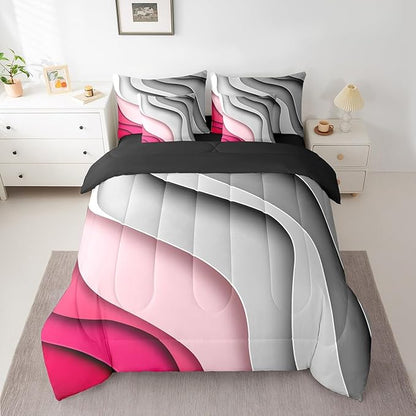 Erosebridal Grey Hot Pink Gradient Bedding Comforter Sets 7pcs for Girls Geometric Stripe Bed in a Bag, Aesthetic Wave King Bedding Sets Modern Abstract Comforter Set, Ombre Bedding Sets & Collections