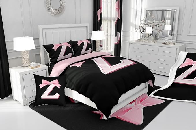 jejeloiu Kawaii Pink Bow King Comforter Set with Sheets,Gifts for Women Teen Girl,Monogrammed 7 Piece Bedding Set,Soft Personalized Initial Letter Z Bed in a Bag with Comforter,Sheets,Pillowcases