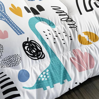Cartoon Dinosaur Rainbow Comforter Set Full 3Pc Kawaii Dinosaur Bedding Set All Season with Cactus, Coconut Tree Decoration Includes 1 Comforter, 2 Pillowcases for Kids Girls Teens
