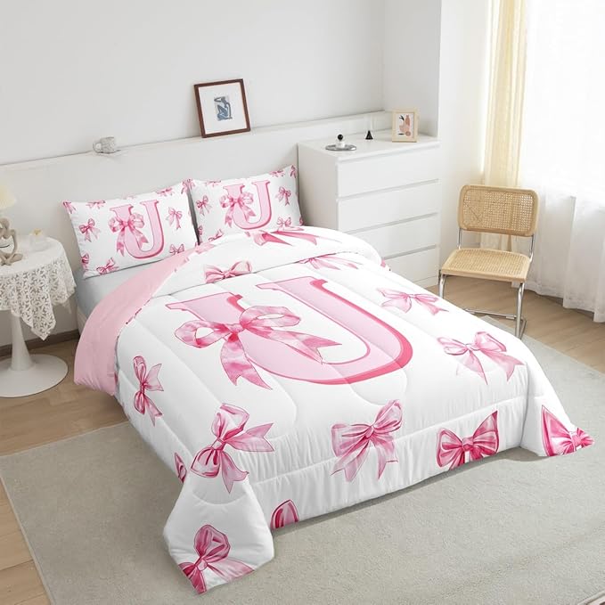 Erosebridal Cute Pink Bow Comforter Set Queen Princess Style Bowknot Girls Bedding Set Initial Letter U Bedding Comforter Sets Girly Kawaii Alphabet Bow Quilt Duvet for Kids Teen Women