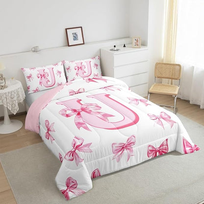 Erosebridal Cute Pink Bow Comforter Set Queen Princess Style Bowknot Girls Bedding Set Initial Letter U Bedding Comforter Sets Girly Kawaii Alphabet Bow Quilt Duvet for Kids Teen Women