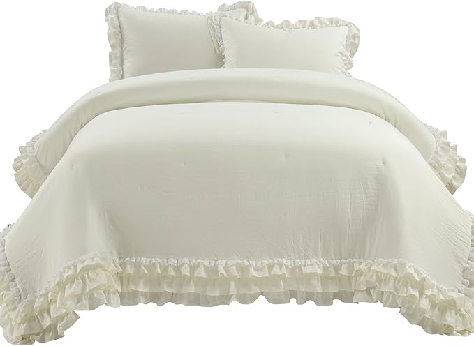 Lush Decor Ella Parisian Vintage Chic Ruffle Lace 3 Piece Comforter Set, King, Ivory