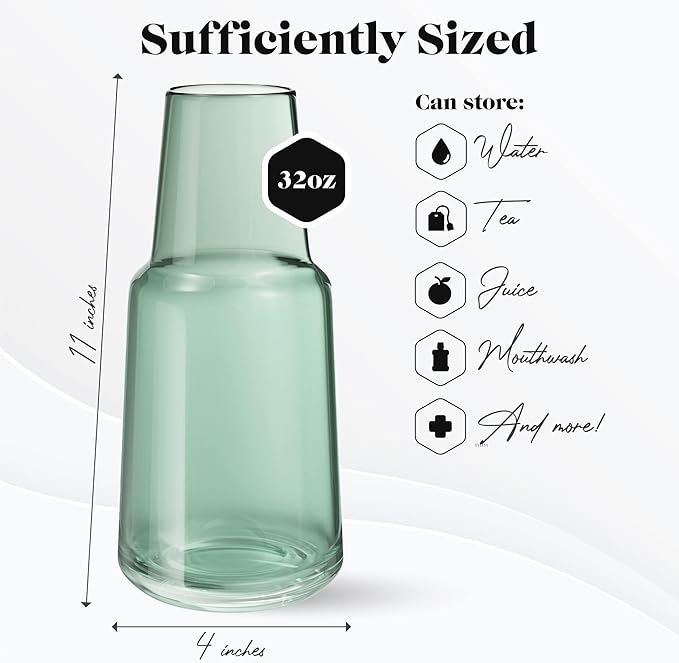 American Atelier Bedside Water Carafe with Tumbler | Pitcher and Footed Drinking Glass | Use Cup as Lid for Carafe | For Guest Room, Nightstand, Office, or Gift | American Atelier 32 Oz (Green)