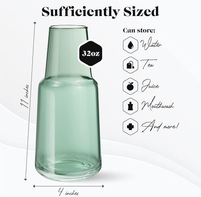 American Atelier Bedside Water Carafe with Tumbler | Pitcher and Footed Drinking Glass | Use Cup as Lid for Carafe | For Guest Room, Nightstand, Office, or Gift | American Atelier 32 Oz (Green)
