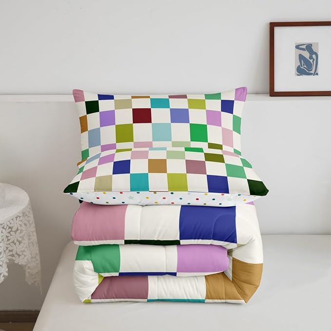 Feelyou Colorful Checkered Bedding Set Teen Women Men Retro Modern Geometric Colorful Comforter Set Toddler Size Kids Boys Girls Cute Neutral Plaid Duvet Insert Vintage Aesthetic Room Decor