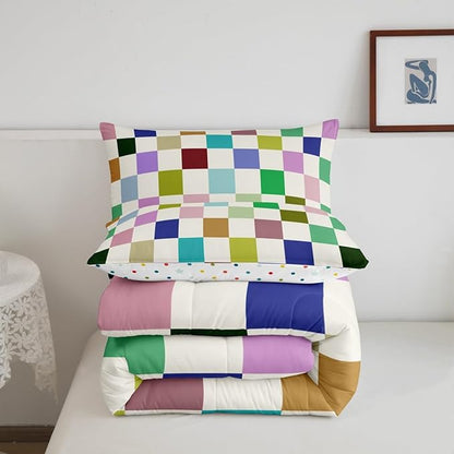 Feelyou Colorful Checkered Bedding Set Teen Women Men Retro Modern Geometric Colorful Comforter Set Queen Size Kids Boys Girls Cute Neutral Plaid Duvet Insert Vintage Aesthetic Room Decor