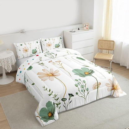 Erosebridal Watercolor Floral Comforter Set Queen, Sage Green Beige Flower Bedding Set for Girls Teens Adult Women Bedroom, Modern Minimalist White Down Comforter Pastoral Branches Aesthetic Quilt