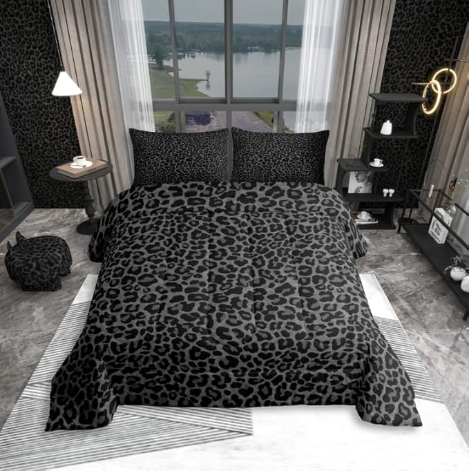 Erosebridal Cheetah Print Room Decor,Leopard Print Comforter Set Toddler,Farmhouse Animal Skin Soft Bedding Set for Kids Boys,Black Grey African Cheetah Wildlife Bed Set,Aesthetic Retro Quilt Duvet