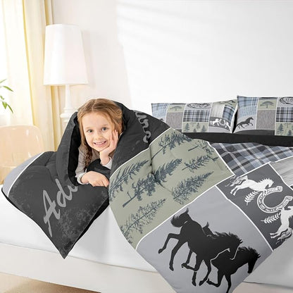 Erosebridal Rustic Farmhouse Comforter Set, Western Horse Bedding Full for Kids Teens Adult, Farm Animal Horseshoe Quilt Western Decor for Home, Riding Boots Forest Grid Patchwork Duvet Sets, Blue