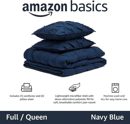 Amazon Basics All-Season Down-Alternative 3-Piece Comforter Bedding Set, Soft Lightweight Microfiber, Pinch Pleat Design, Full/Queen, Navy Blue